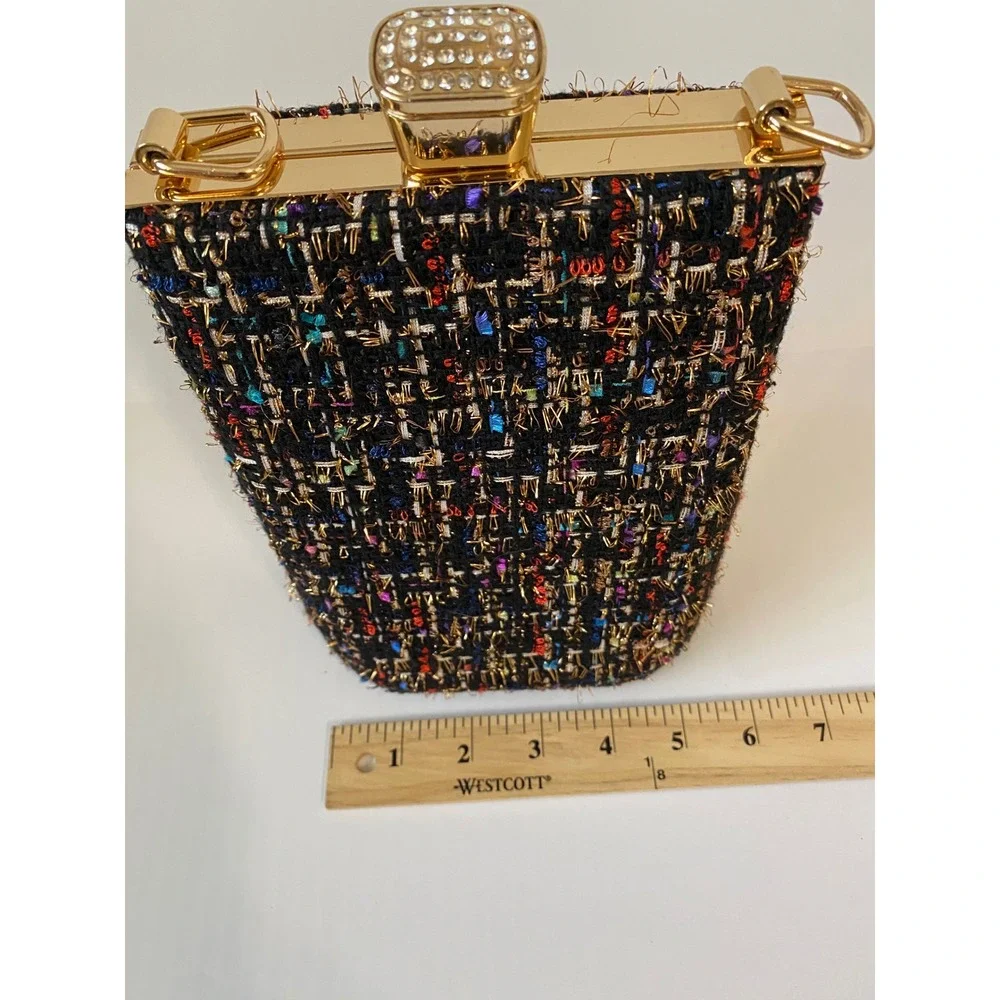 Multicolor Tweed Evening Clutch Bag Gold Chain Strap Crystal Clasp Structured